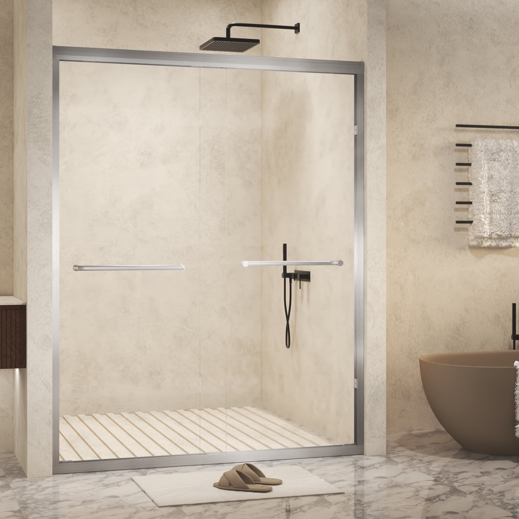 TrumanPick Double Sliding Door 56-60 "W x 60"H, Shower Door with 1/4'' (6 mm) Easy Clean Tempered Glass, Brushed Nickel