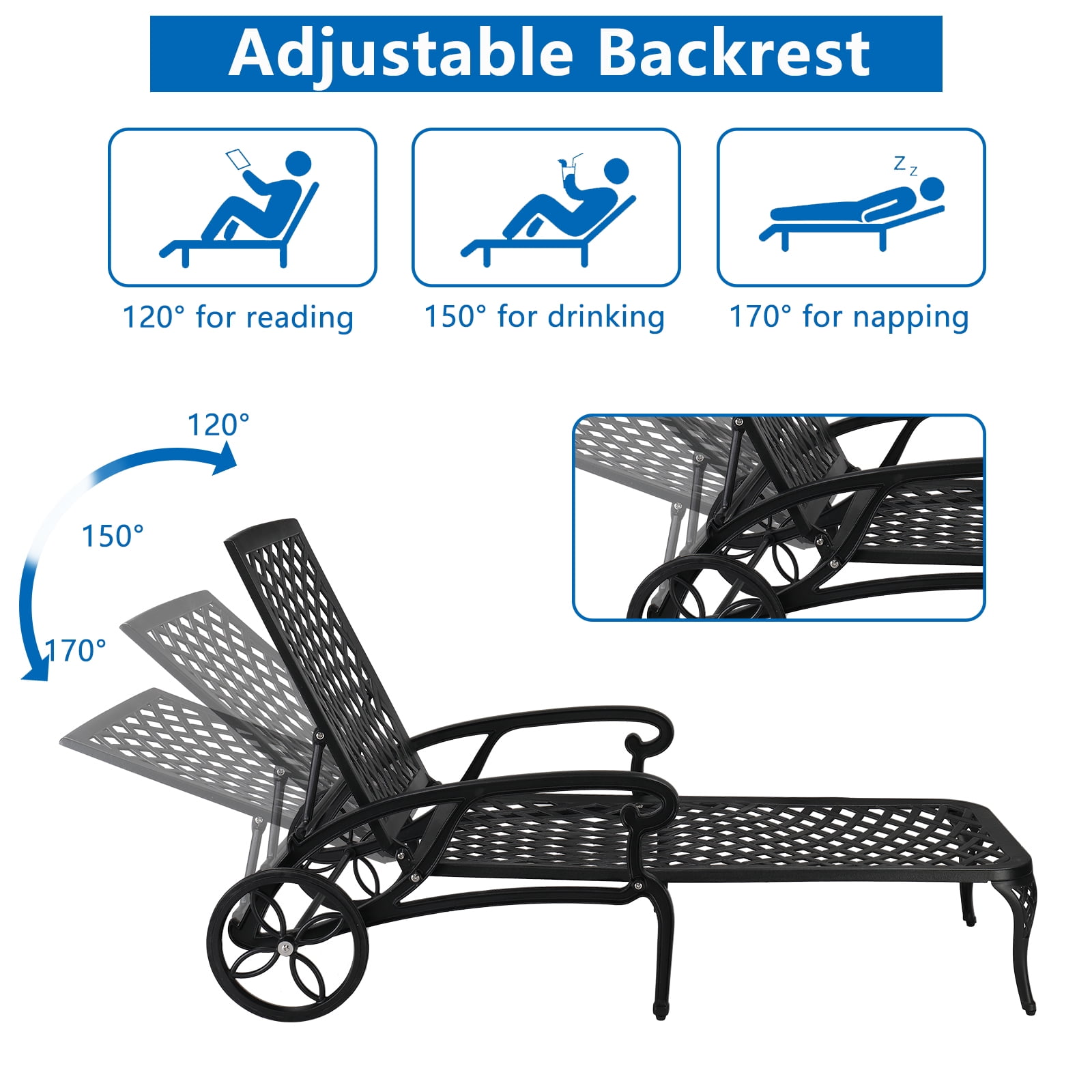 Ktaxon 2 Pack Outdoor Aluminum Lounge Chair Sunbed Lounge Chaise Chair w/ Adjustable Backrest for Patio Garden Poolside, Black