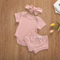 thumbnail image 3 of Ensemble de Trois Pièces pour Enfants de Couleur Unie Col Rond Manches Courtes Romper + Pantalon + Bandeau (Rose/blanc/vert/café), 3 of 5