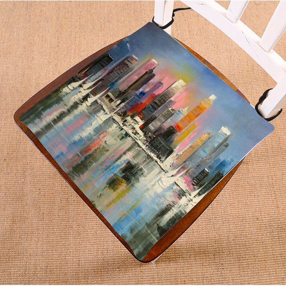 PHFZK Cityscape Chair Pad, Sunrise Behind Coastal City with Boats on Watercolor Seat Cushion Chair Cushion Floor Cushion Two Sides Size 16x16 inches