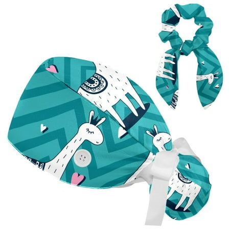 

Working Cap with Buttons and Sweatband Scrub Hat Bouffant Caps with Scrunchie Llama with Love Tie Back Hats