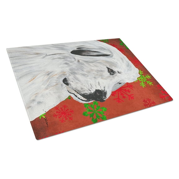 Great Pyrenees Red Snowflakes Holiday Glass Cutting Board Large