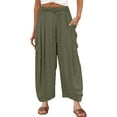 thumbnail image 2 of Women's Casual Pants Womens Elastic Waisted Pleated High Waisted Wide Leg Pants Loose Casual Cotton And Linen Cropped Pants Beach Casual Pants,Green Women's Casual Pants M, 2 of 4
