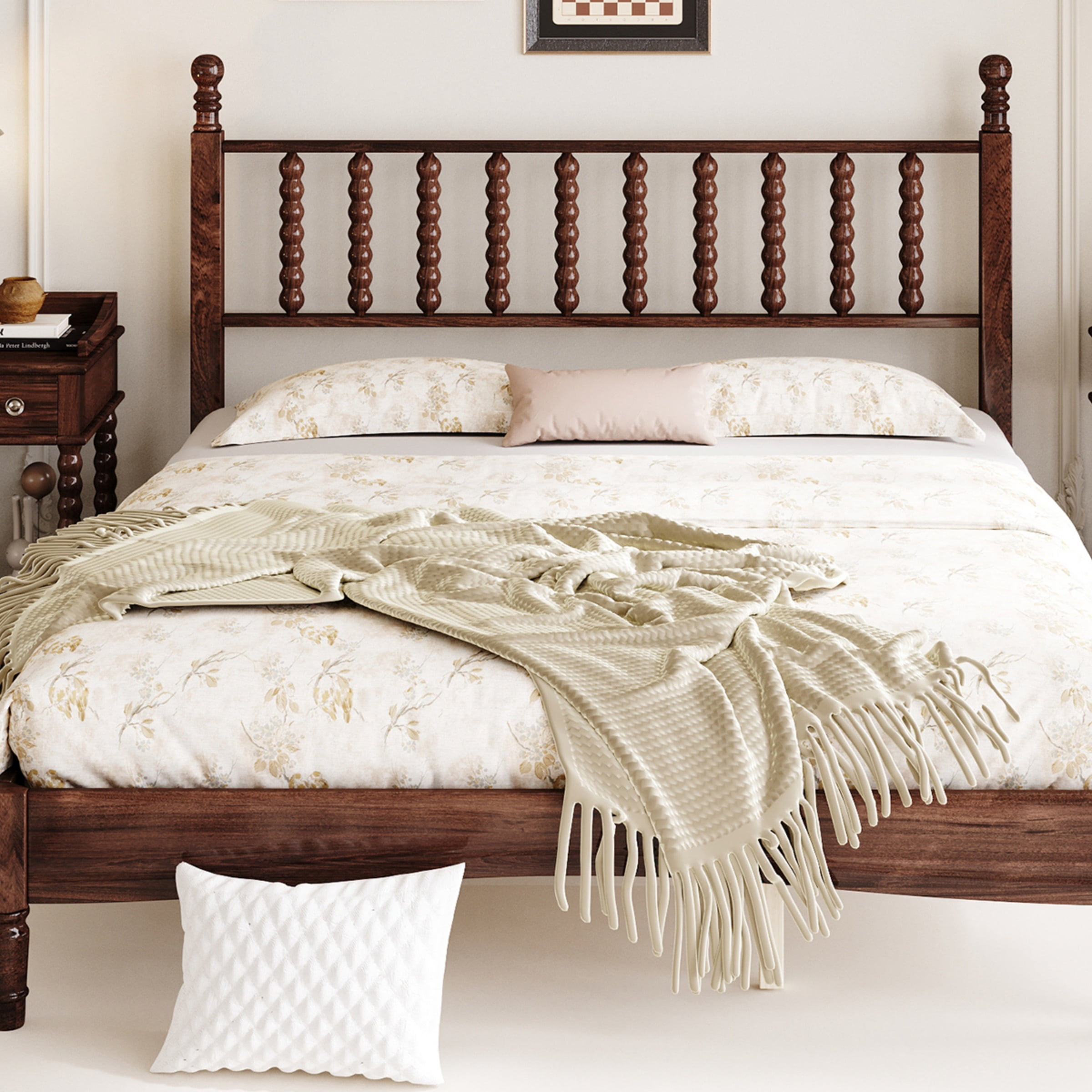 Queen Bed Frame with Headboard,Retro Platform Bed Frame with Spindle Headboard,Solid Wood,for Bedroom,Easy Assembly,84.6"x63.3"x45",Walnut