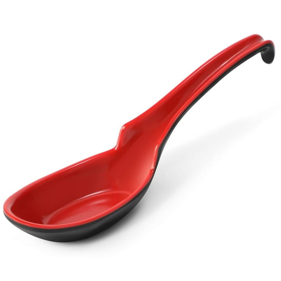 Asian Soup Spoons, Rice Spoons, Melamine Chinese Won Ton Soup Spoon For soba, pho, ramen, Noodle, Korean Style Large Spoon with Long Handle- Notch and Hook Style, Red ＆ Black