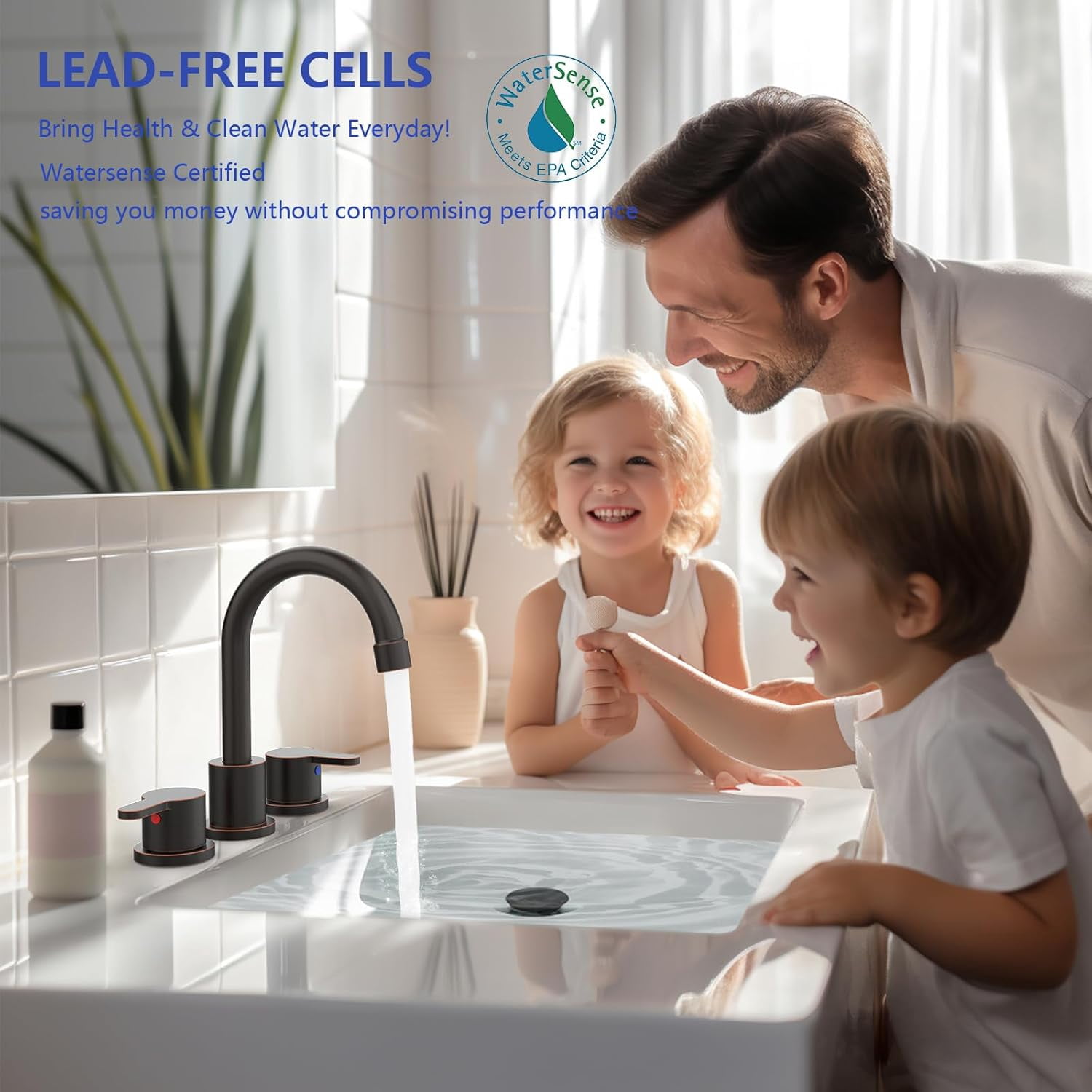 8 Inch Centerset Bathroom Faucet, Dual Handle 360° Swivel Spout, Lead-Free Ceramic Disc Valve, Water Saving 1.2GPM CEC Registered Vanity Faucet with Pop-Up Drain