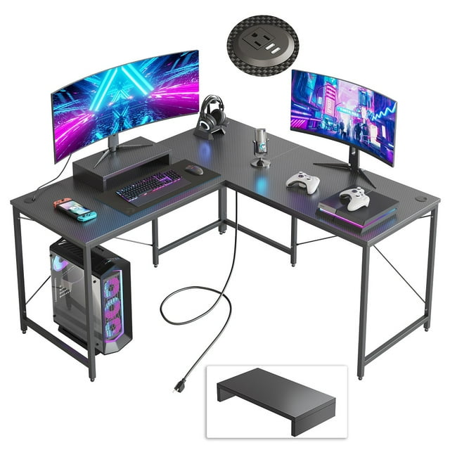 Bestier 95,2 Pouces L en Forme de Bureau de Jeu avec Prise de Courant Bureau d'Angle Réversible