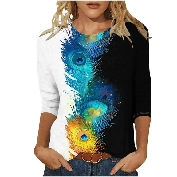 Sakmal T Shirts for Women 3/4 Sleeve Bird Graphic Crew Neck T-Shirts T Shirts for Women