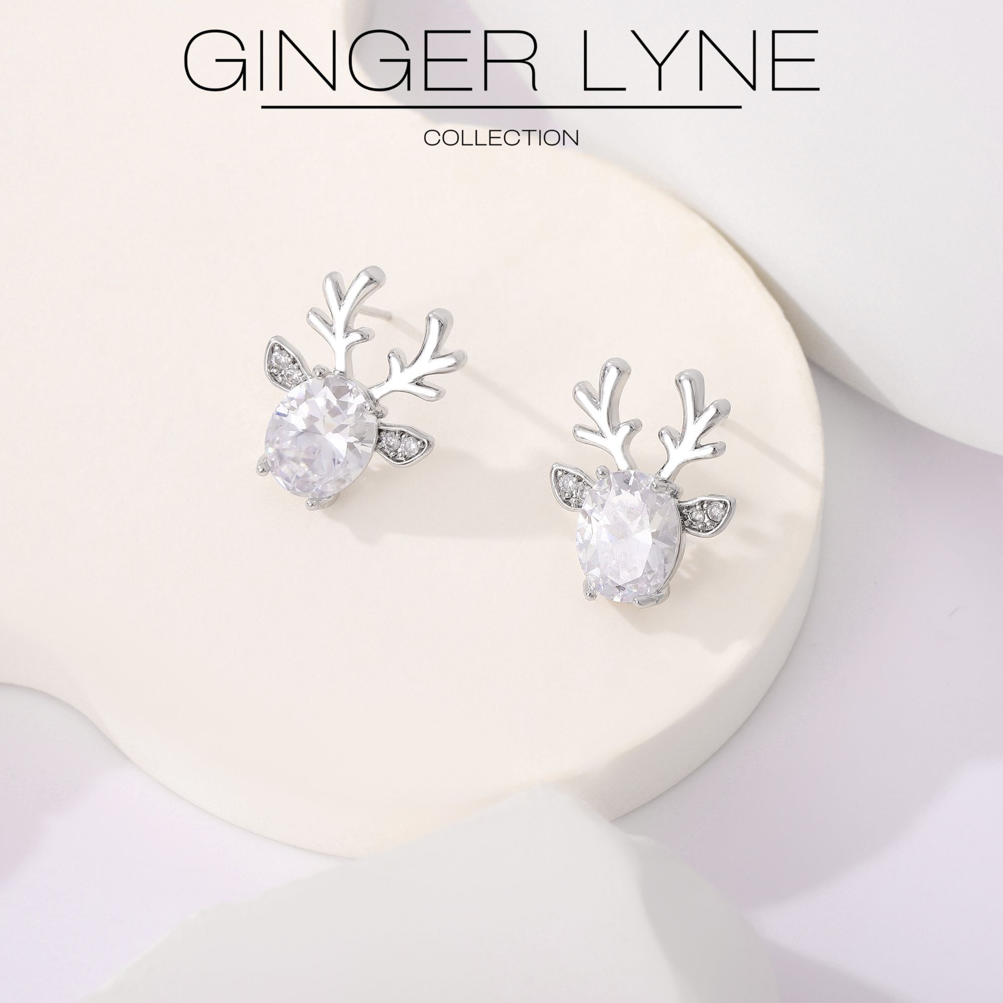 Reindeer Stud Earrings for Women White Gold Plated CZ Christmas Jewelry Ginger Lyne Collection