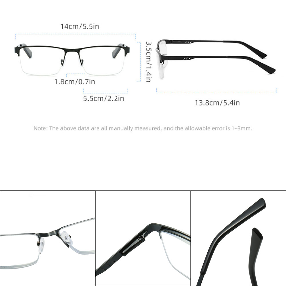 3 Pairs of Mens Metal Square Half Rimless Reading Glasses, Blue Light Blocking Classic Spring Hinges Oversized Black Readers +1.50