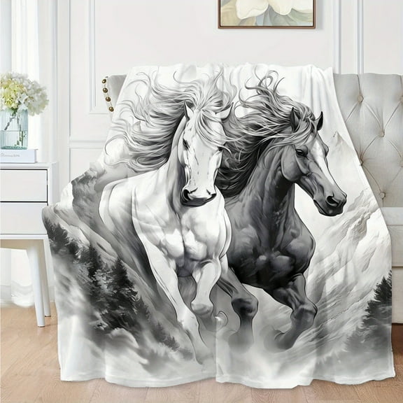 1pc Contemporary Horse-Themed Soft Flannel Fleece Throw Blanket, All-Season Knitted Polyester, Digital Print, Ideal for Bedroom, Sofa, and Home Decor, Perfect Gift for Horse Lovers - 200-250gsm