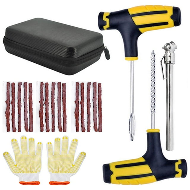 Trousse de Réparation de Crevaison de Pneu Sans Chambre Outil Trousse de Bouchon de Pneu Auto avec 15 Bandes de Caoutchouc Robuste Trousse Professionnelle de Réparation de Pneu Bouchon de Crevaison de Réparation de Pneu pour Camion Moto Voiture