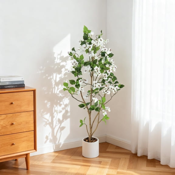 Lifelike Artificial Bougainvillea Tree for Home Decor – 150cm Tall with White Pot – Faux Silk & Plastic Triple-Branch Daisy Floral, Decorative Indoor/Outdoor Potted Plant (White)