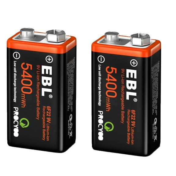 EBL Rechargeable 9V Batteries (2 Pack), 5400mWh with 4 in 1 Micro USB Cable Lithium-Ion Batteries