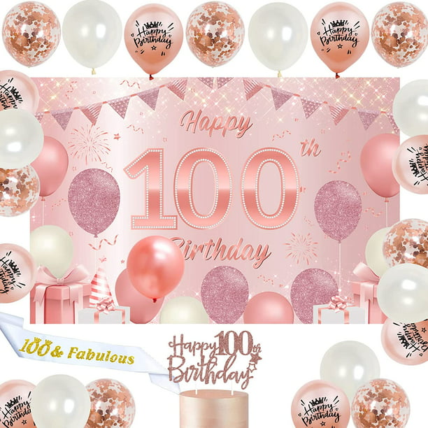 100th Birthday Decorations, Rose Gold Happy 100th Birthday Backdrop ...