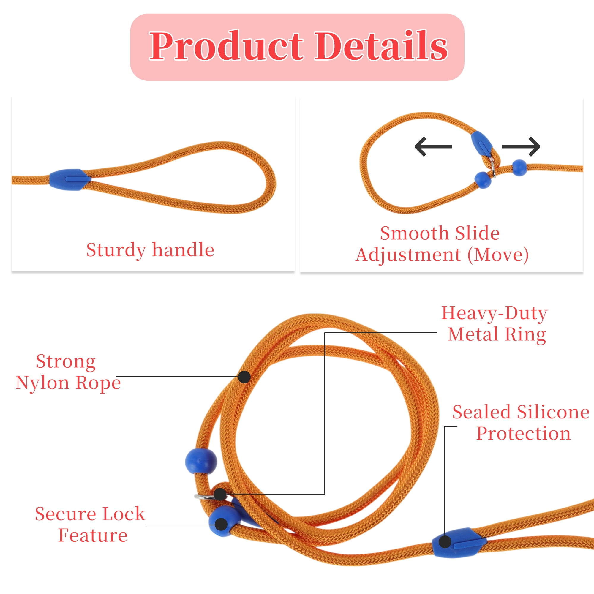Unique Bargains Slip Leash for Dogs No Pull Heavy Duty Training Leash Medium Orange 5ft