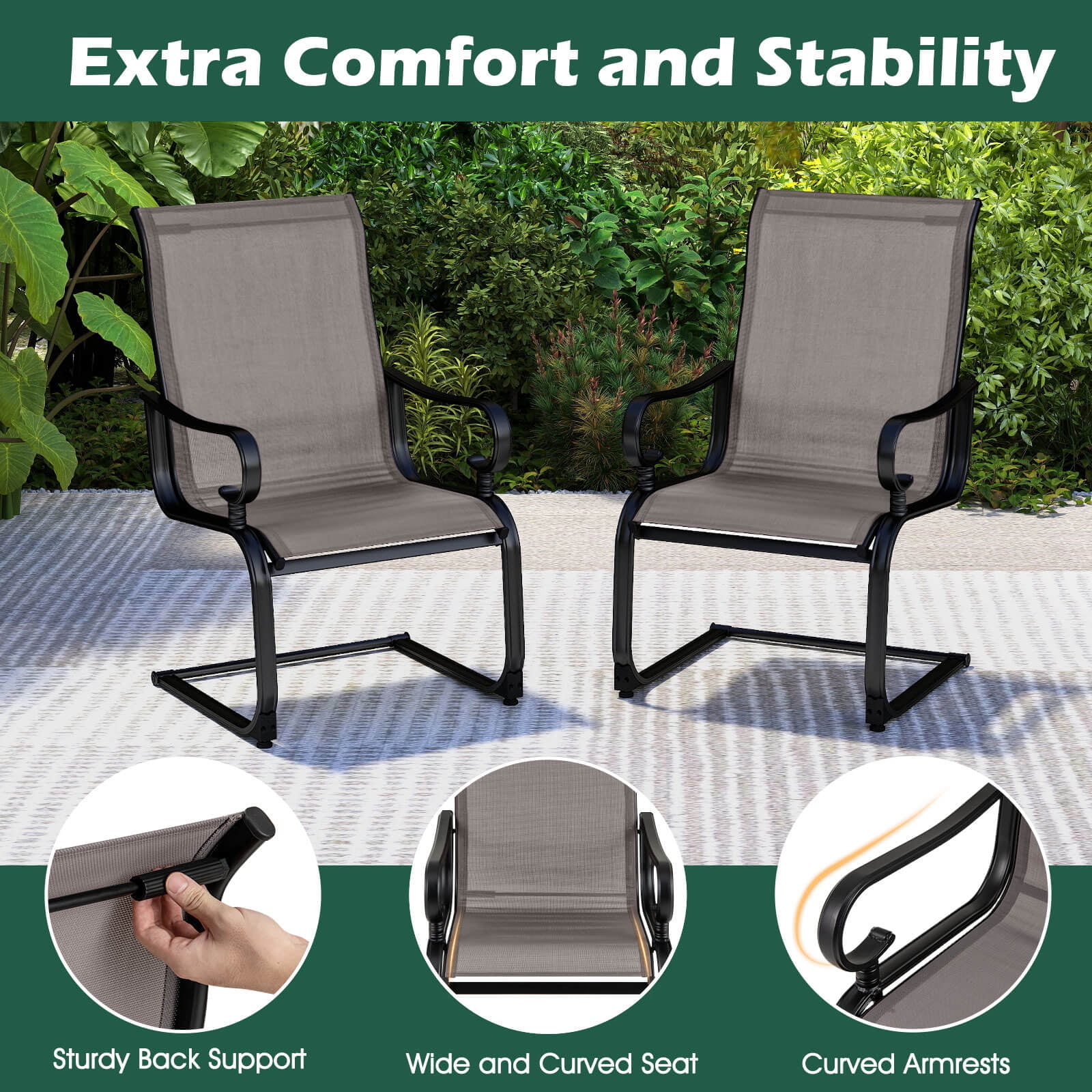 Costway Set of 2 Patio Chairs C-Spring Motion Chairs with Quick-drying & Breathable Fabric Gray