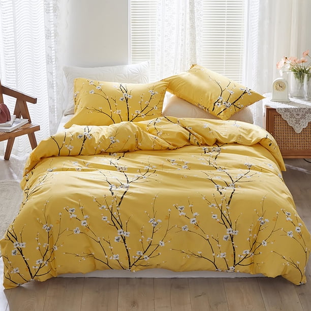Juego de Funda Nórdica WONGS BEDDING Amarilla Floral Queen con 2 Fundas de Almohada