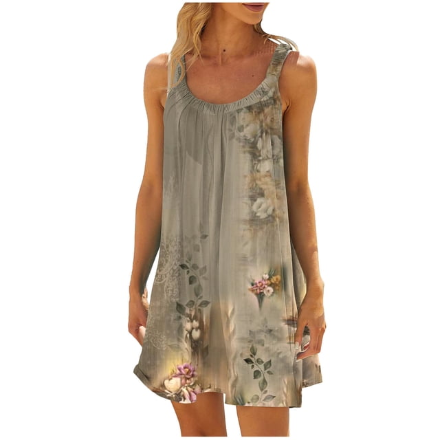 Amzcrzy Robes pour Femmes Mode Boho Imprimé Floral Robes d'Été pour Femmes Col Rond Sans Manches Robe d'Été Décontractée Mini Robe de Plage