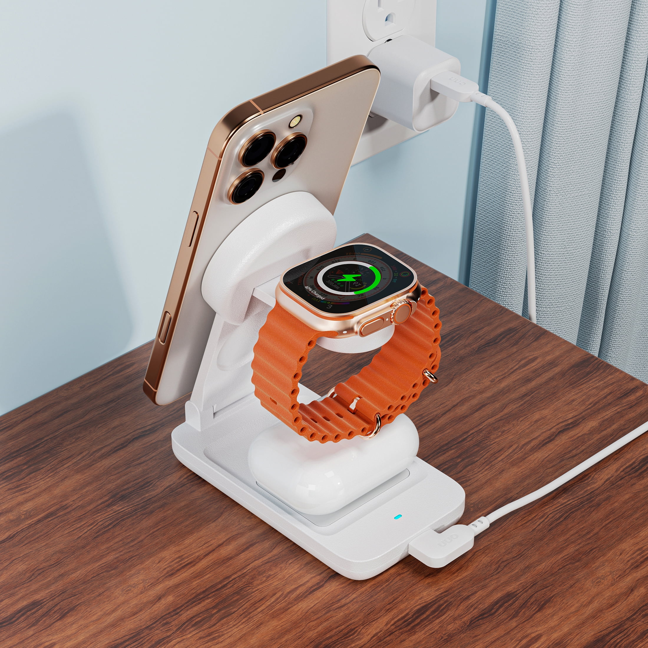 onn 3-in-1 Qi2 Certified Wireless Charging Stand – Foldable Design with Wall Adapter & Cable – Compatible with iPhone 17/16/15/14/13/12, Samsung Galaxy S23/S22, Pixel, AirPods & Apple Watch – White