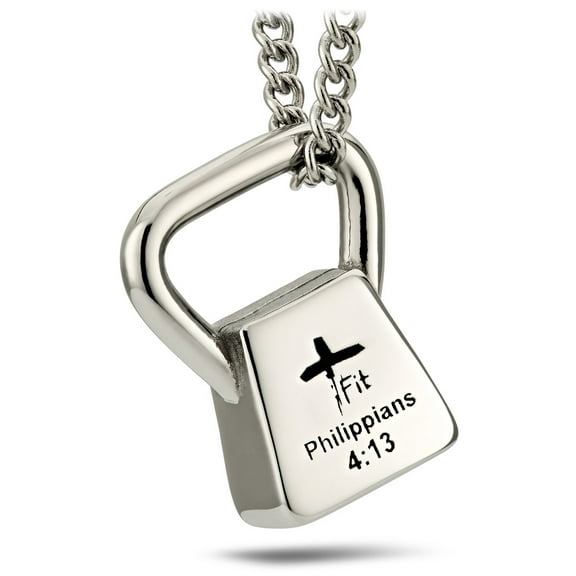 Women's Stainless Steel Cross Fit Kettlebell Necklace- Philippians 4:13 by Shields of Strength