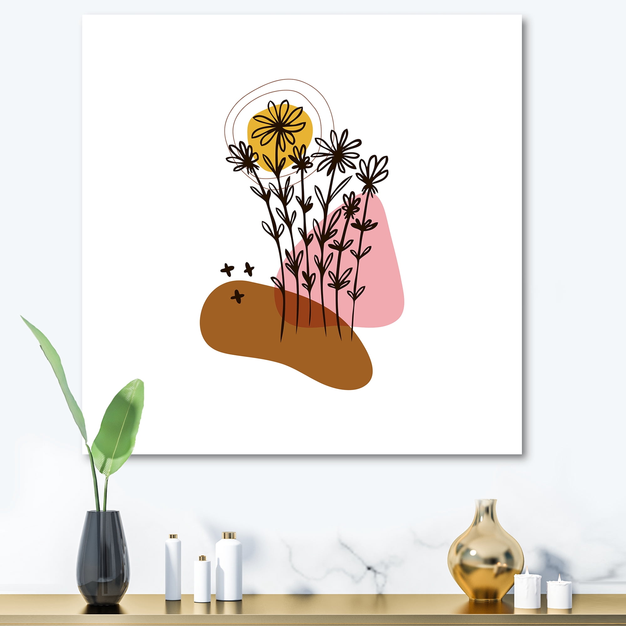 Designart ' Abstract Flowers Plants With Elementary Shapes I ' Modern Canvas Wall Art Print