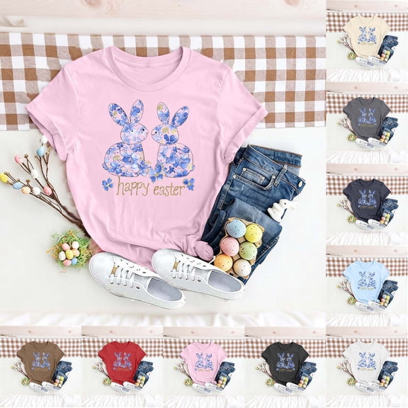 VKOYWKM Easter Bunny Shirts for Women Cute T-Shirts Rabbit Eggs Graphic Tees Short Sleeve Casual Crew Neck Holiday T-Shirts Tops