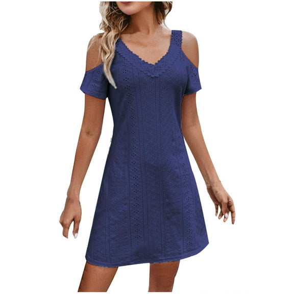 IROINNID Dress for Women 2023 Semi Formal Fall Dress V-neck Lace Off Shoulder Slim Short Sleeve Dress Fit&Flare Dress,Blue