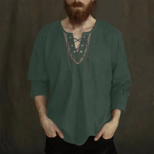 pstuiky camisas de manga larga para hombre, Camisa de lino holgada de manga larga con cordón y cuello en V para hombre, color liso camisetas de hombre xxl