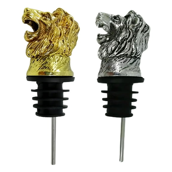 2pcs Lion Head Shaped Wine Pourer Stoppers Creative Wine Bottle Caps Beverage Bottle Stopper for Home Party (Golden Silver)