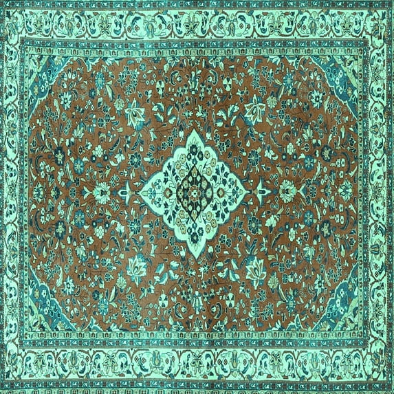Ahgly Company Machine Washable Indoor Square Medallion Turquoise Blue Traditional Area Rugs, 4' Square