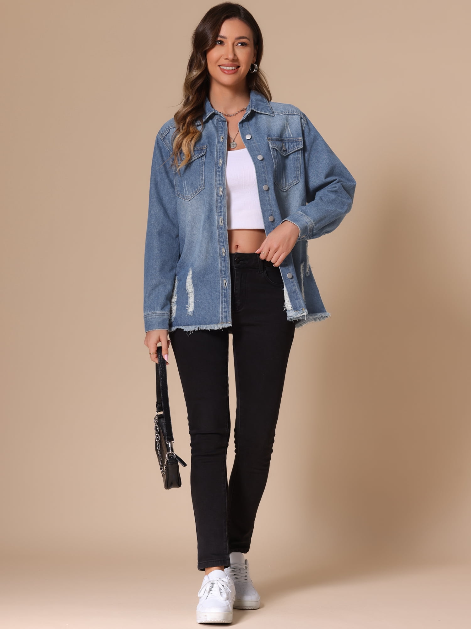 DARING DIVA Women's Frayed Hem Ripped Distressed Denim Jacket M Blue