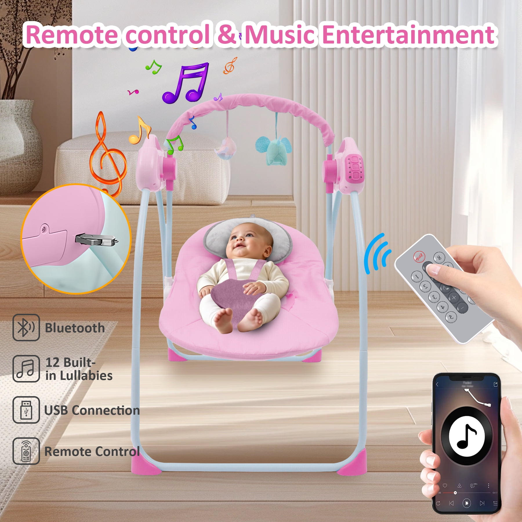 RICHYOUNG Folding Baby Swing for Infant,Bluetooth Music,Remote Control,5-Speed Baby Bouncer(Pink)