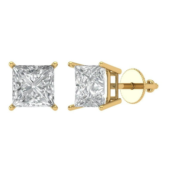 3 ct Screw-Back Stud Earrings for Women | 6.5mm Princess Cut Moissanite | 18K Yellow Gold