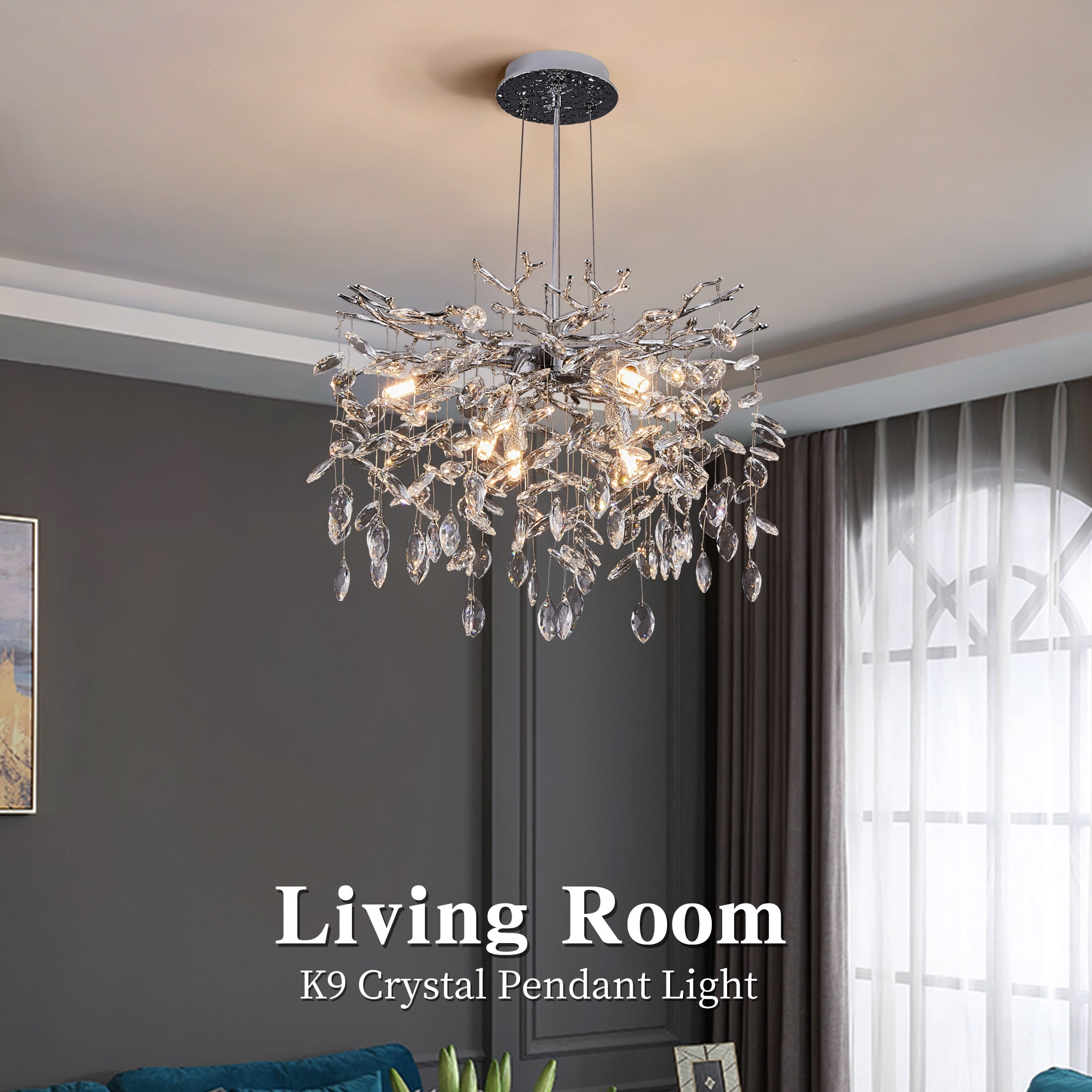 Modern Tree Branch Crystal Chandelier Luxury Silver Crystal Pendant Lighting 18" Contemporary 6-Light Chandeliers for Dining Room Kitchen Bedroom Living Room