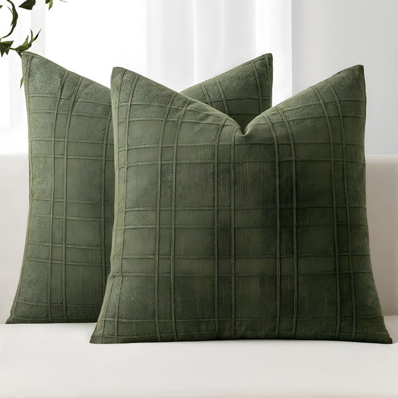 AUQ Decorative Linen Check Throw Pillow Covers Neutral Farmhouse Vintage Spring Pillow Covers 20X20 Set of 2 Modern Home Decor for Sofa Couch Bedroom Cushion Dark Olive Green