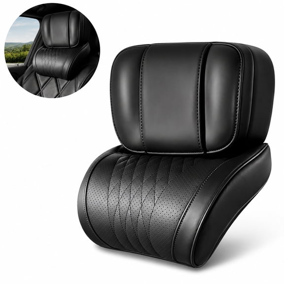 Car Headrest Neck Pillow, Premium PU Leather Curved Contour Neck Support Pillow For Car Seat Driving Road Trip