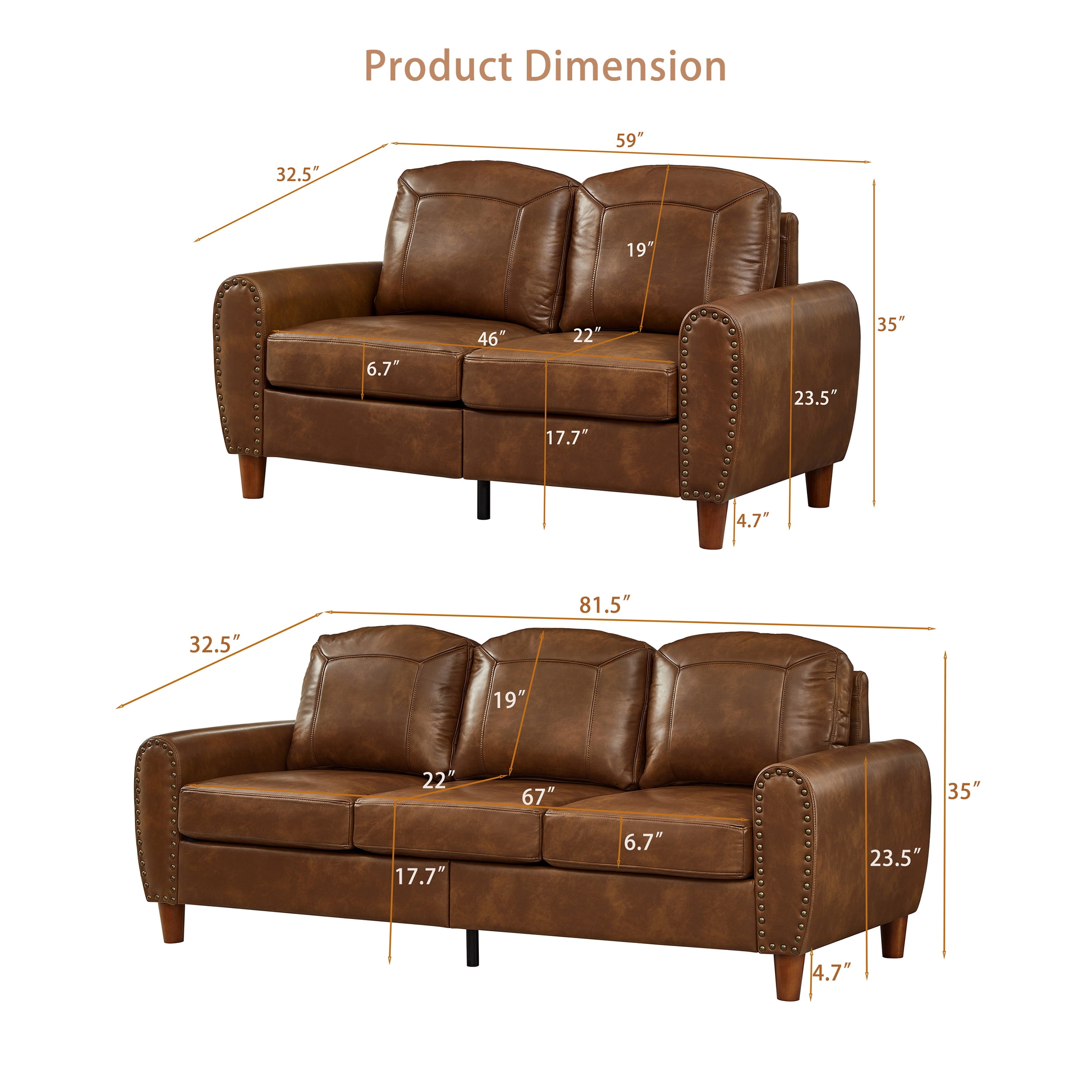 2-Piece Faux Leather Sofa Set,Classic Rolled Arm Loveseat & 3-Seater Sofa Couch with Brass Nailhead Trim & Solid Wood Legs,Apartment,Living Room,Brown