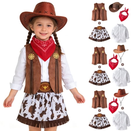 Girl Outfits Western 5 Piece Outfit with Denim Skirt Vest and Bandana Girls Clothing Sets Brown 8-10T