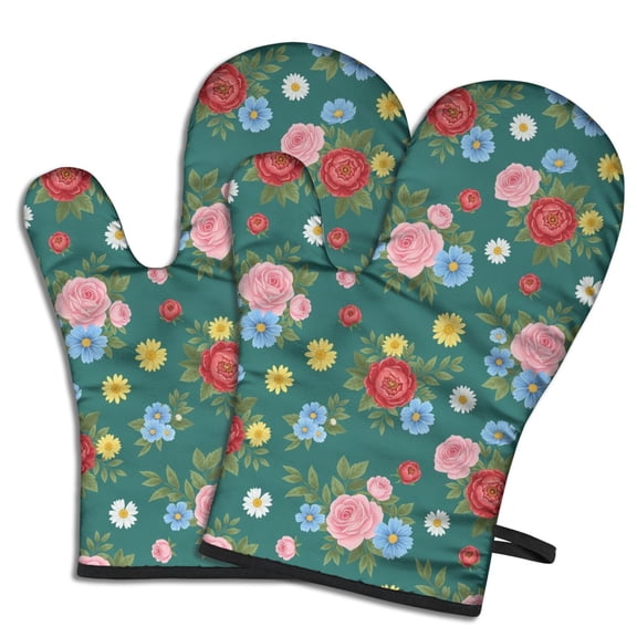 Pioneer Flower Floral Print Pattern Oven Mitt 2-Pack Set, Heat Resistant Kitchen Gloves, 7.7" X 12"
