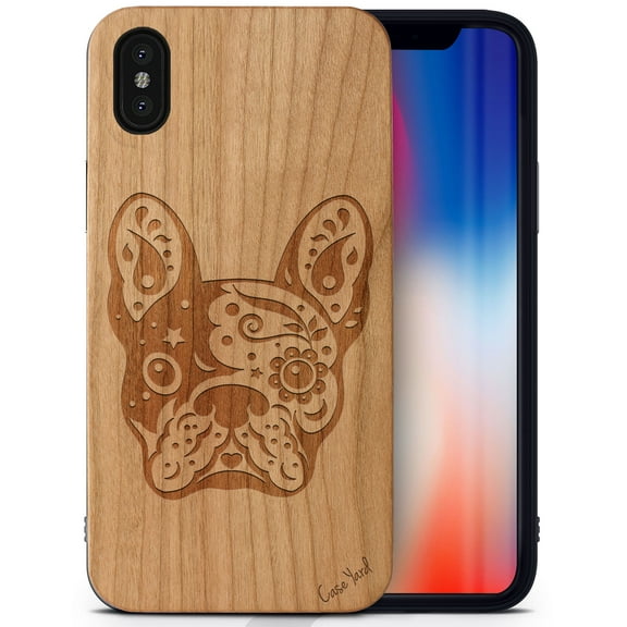 Case Yard Wooden Case Outside Soft TPU Silicone, Slim Fit Shockproof Wood Protective Phone Cover for Girls Boys Men and Women, Supports Wireless Charging Bulldog Design case for iPhone-X