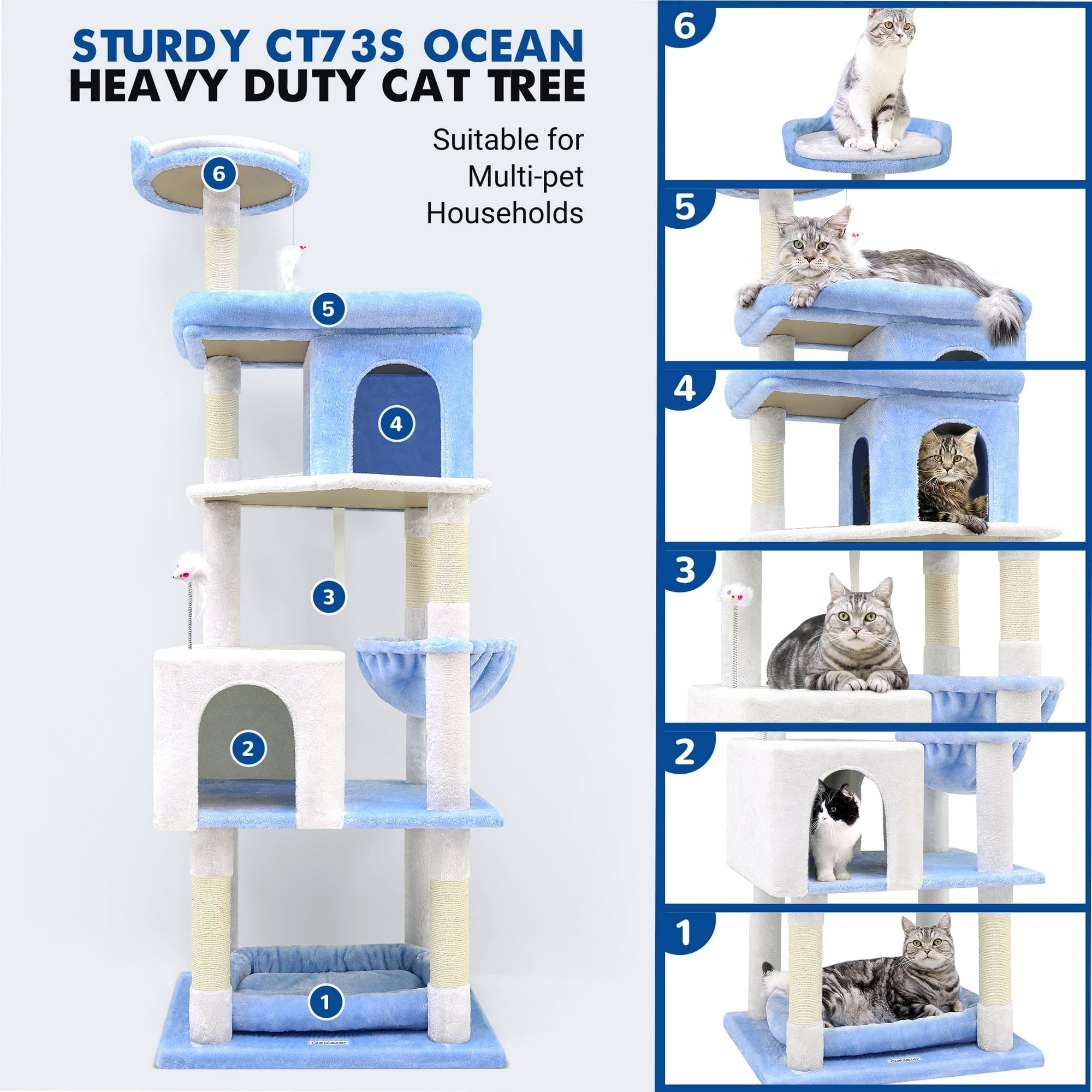 CT72S Heavy-Duty Ocean Blue Cat Tree | 72" Maine Coon Tower for Large Cats 20 lbs+ | Durable Playground with 6 Scratching Posts & Hammock