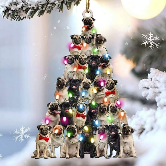 Acrylic 2D FLAT Pug Christmas Tree Shaped Ornament For Pug Lover Custom Acrylic Ornament For Dog Mom