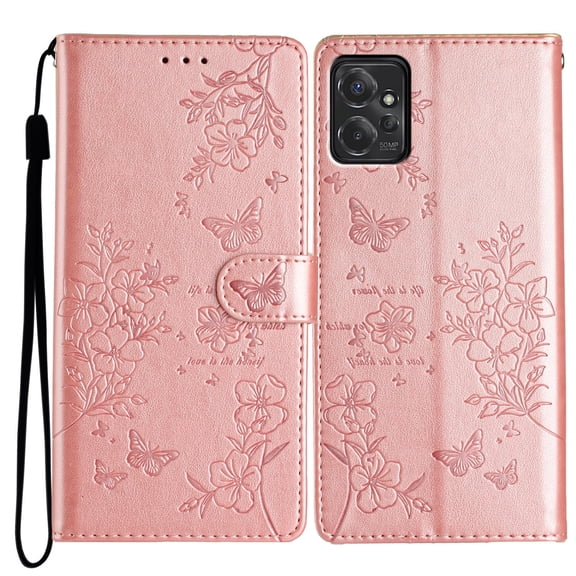 Allytechgroup Flip Case for Moto G 5G 2025, PU Leather Butterfly Floral Stand Cards Slots Anti-Scratch Magnetic Closure Hand Lanyard Phone Case Cover for Motorola Moto G 5G 2025, Rosegold