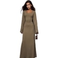 thumbnail image 2 of Women's Scoop Neck Lace Up Ribbed Maxi Dress Knit Flare Sleeve Bodycon Dress Loose Casual Long Dresses, 2 of 11