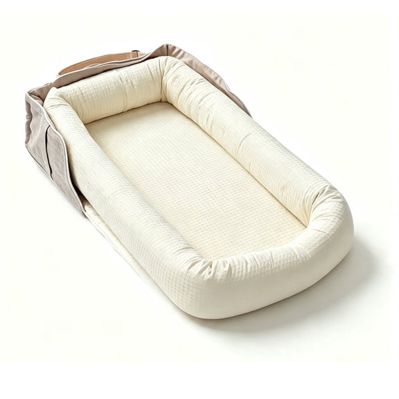 Loevin Baby Lounger for Newborn, Portable Breathable Infant Lounger for 0-24 Months Toddler, Adjustable Size Home Travel Dual-Purpose Baby Nest (Beige)