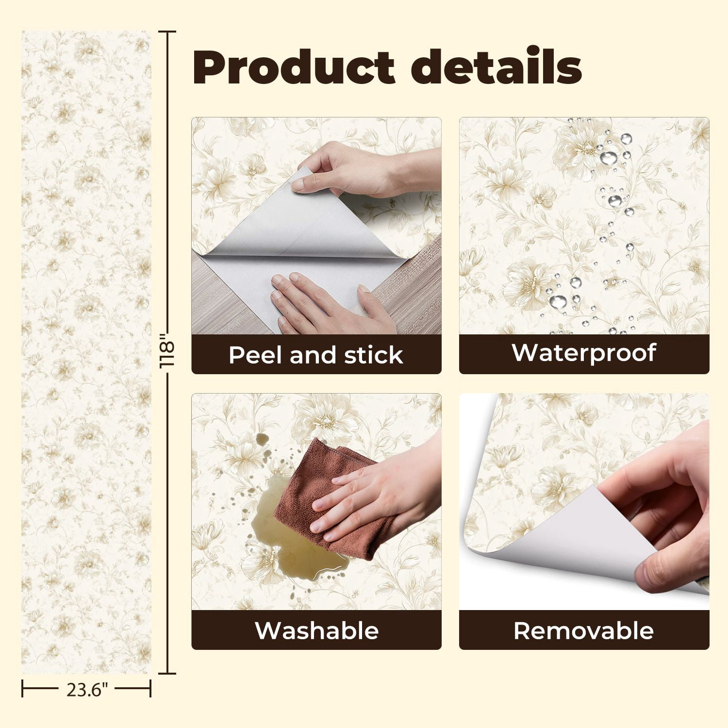 Vintage Peel and Stick Wallpaper Elegant Floral Beige Cream Flowers Soft Wall Mural 23.6in x 9.8ft Self Adhesive Removable Wall Paper Renter Friendly Wallpaper for Nursery Bedroom Cabinets