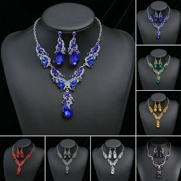 SmartBy Women Necklace Earrings Set Luxury Symmetric Retro Rhinestone Hollow Out Anti-allergy Hanging Earrings Bridal Wedding Prom Anniversary Jewelry Set