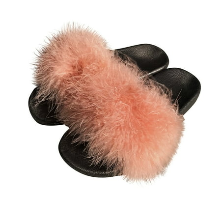 

CYMMPU Women s Slippers Women s Summer Fashion One-word Plush Slippers Solid Color Flat Shoes