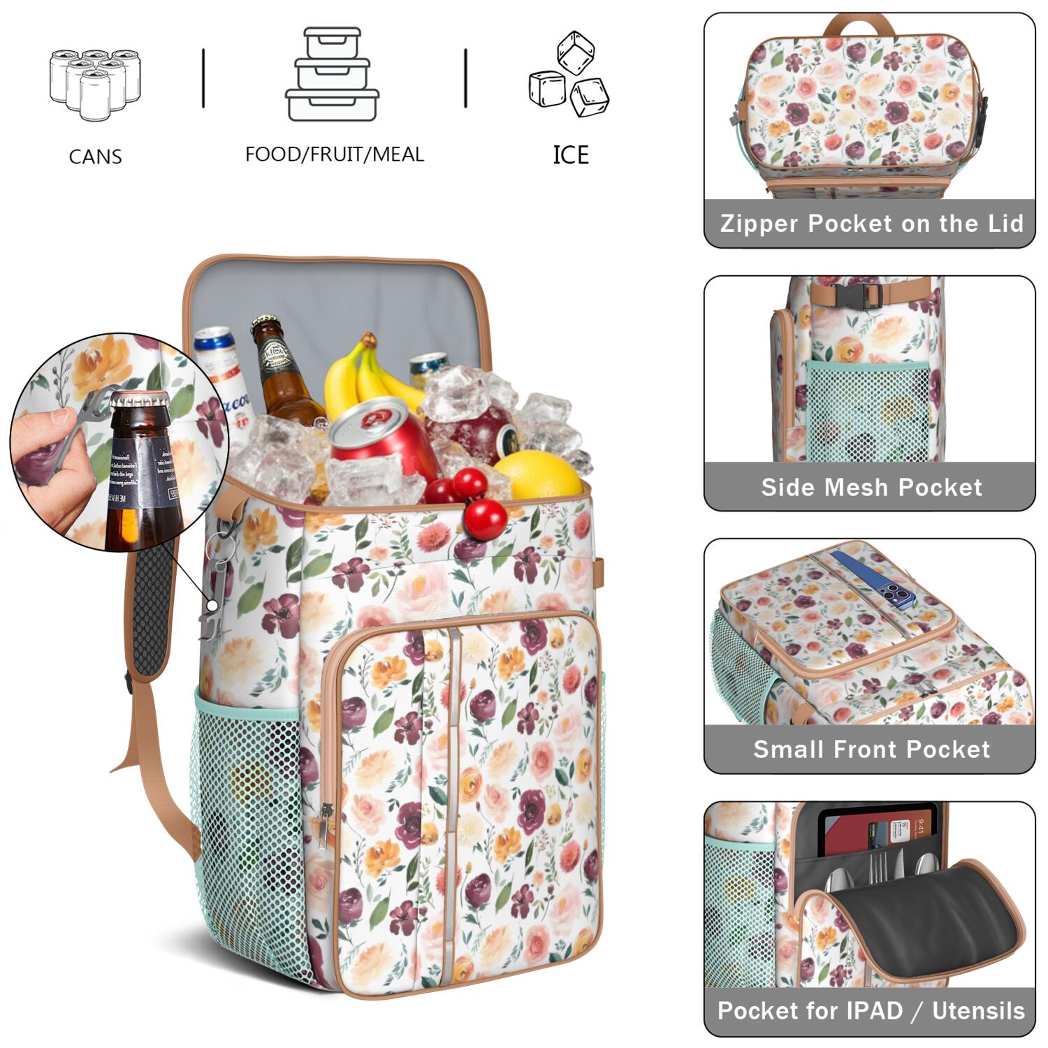 Travel Cooler Bag - Pioneer Flower Floral Print Pattern Camping Beer Cooler Backpack with Bottle Opener- Waterproof Insulated Picnic Backpacks - Cooler Bag for Beach